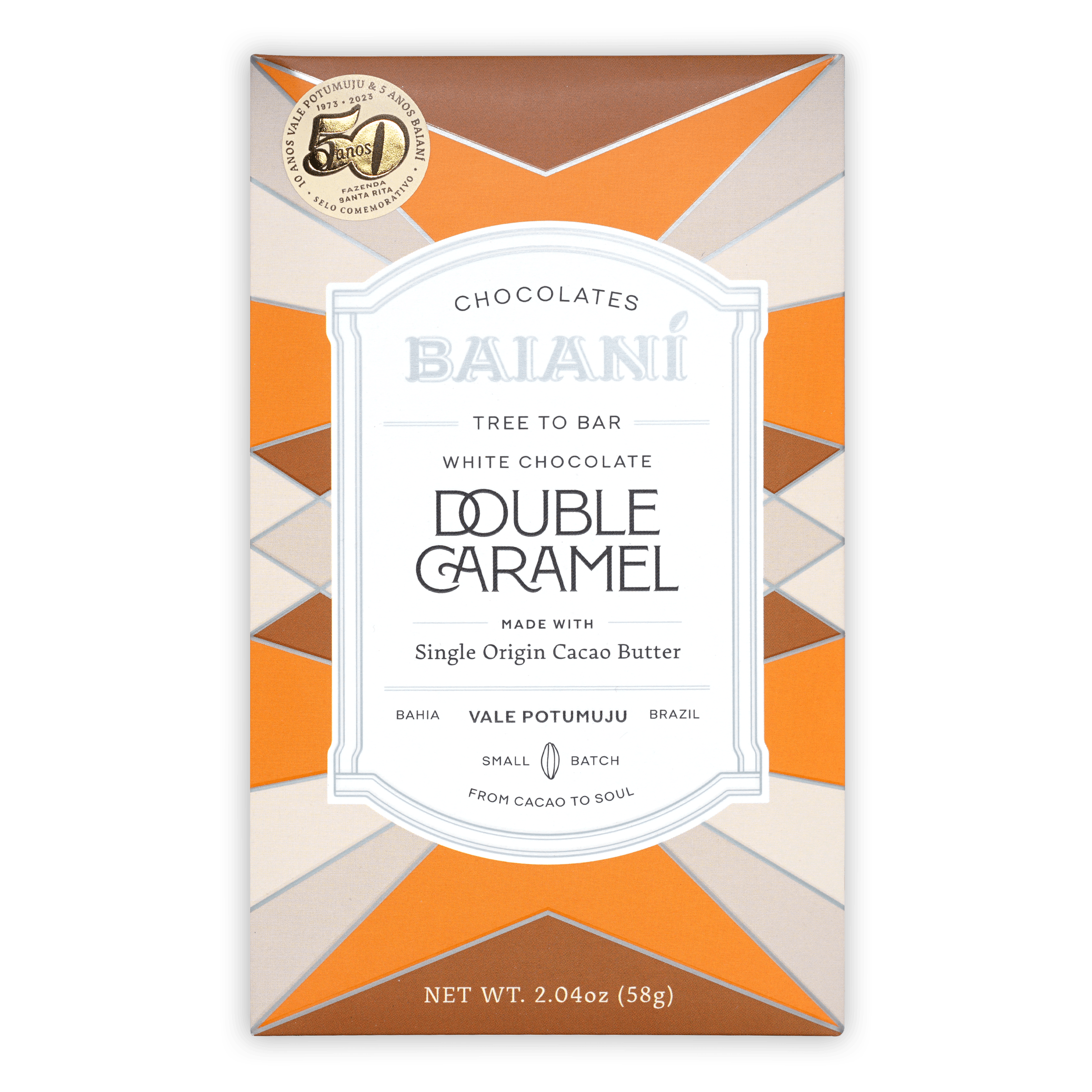 Baiani White Chocolate Double Caramel box with geometric orange cream patterns