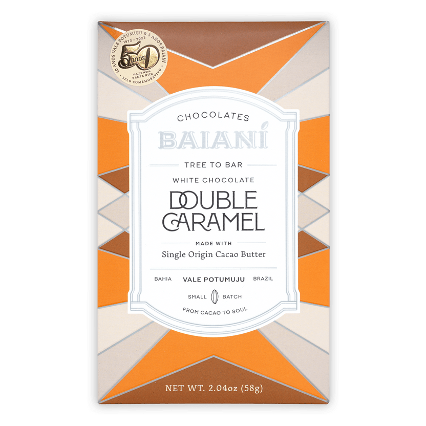 Baiani White Chocolate Double Caramel box with geometric orange cream patterns