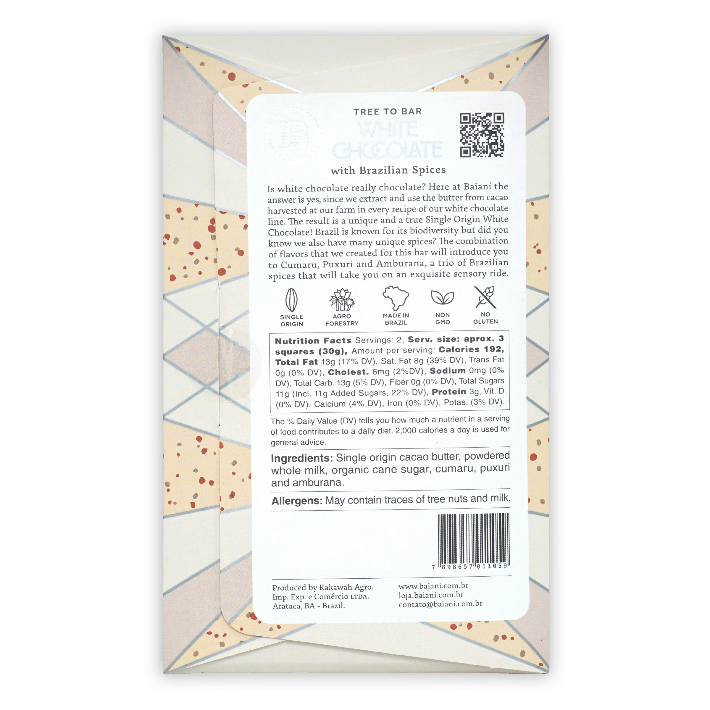 Baiani White Chocolate with Brazilian Spices in geometric wrapper