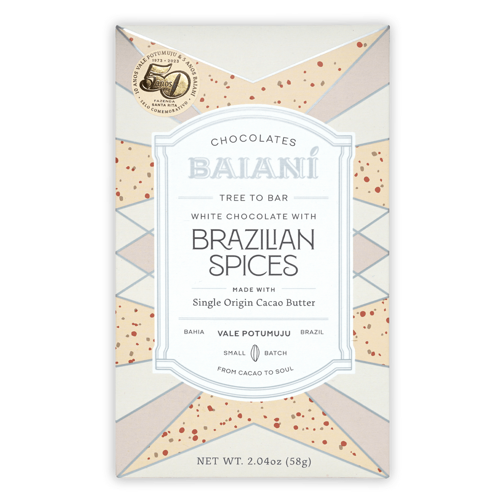 Baiani White Chocolate w/ Brazilian Spices bar wrapper