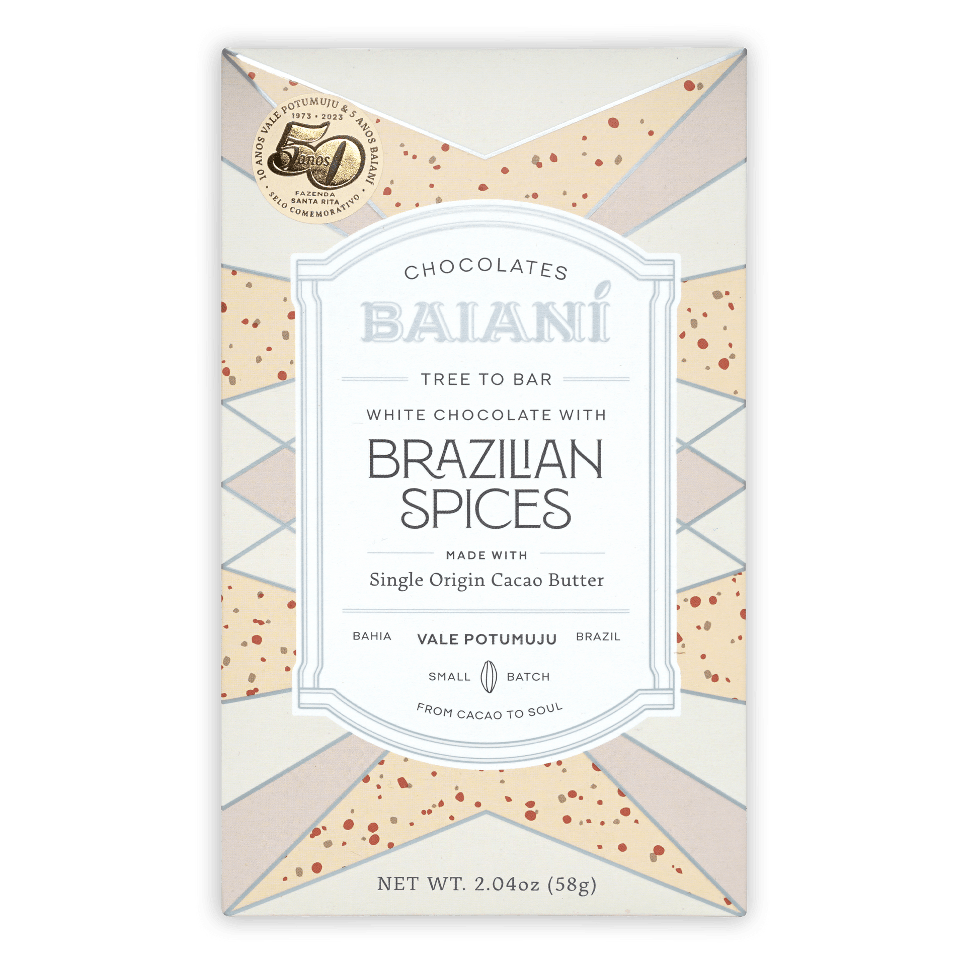 Baiani White Chocolate w/ Brazilian Spices bar wrapper