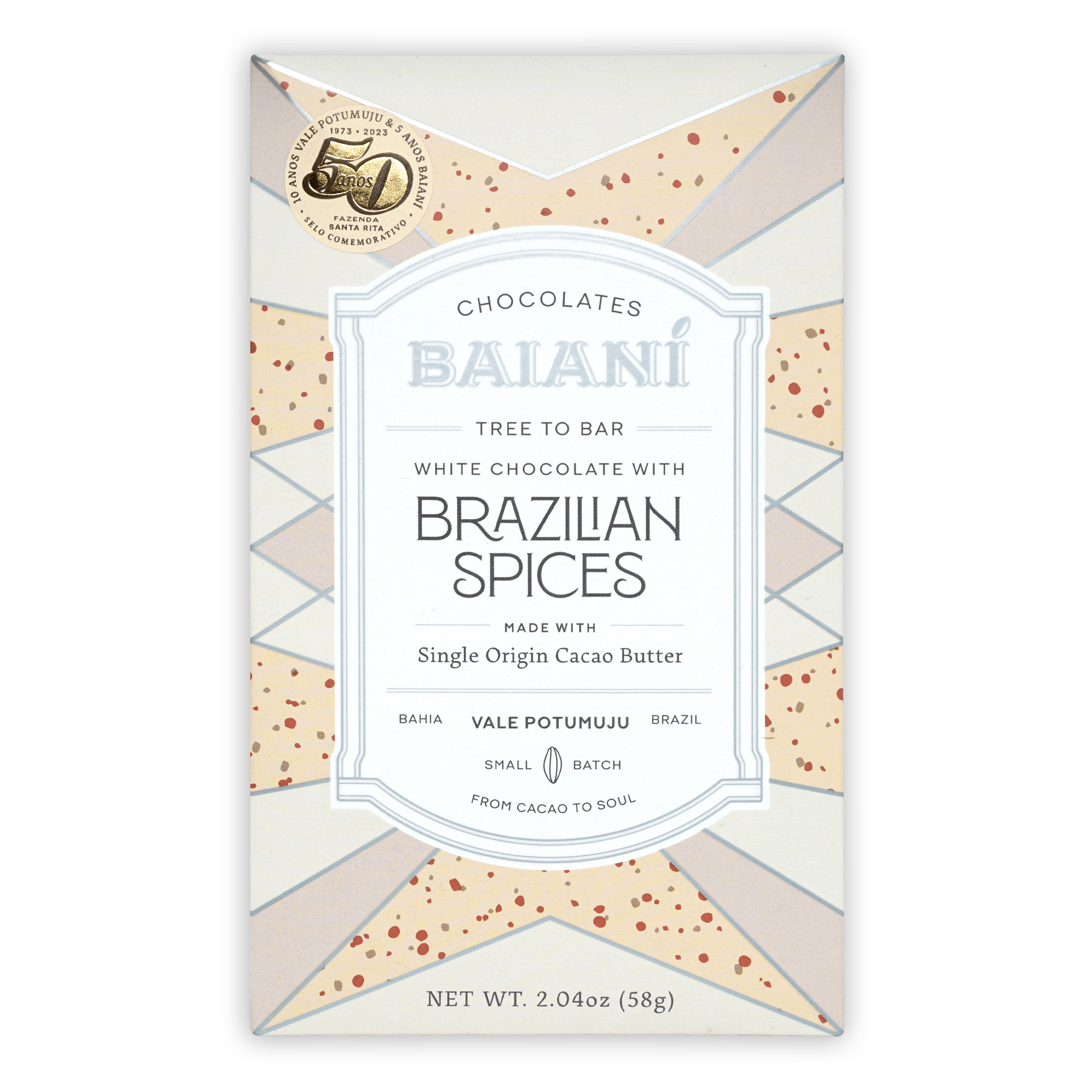 Baiani White Chocolate w/ Brazilian Spices bar wrapper
