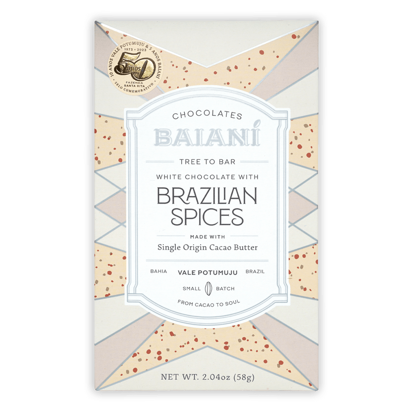 Baiani White Chocolate w/ Brazilian Spices bar wrapper
