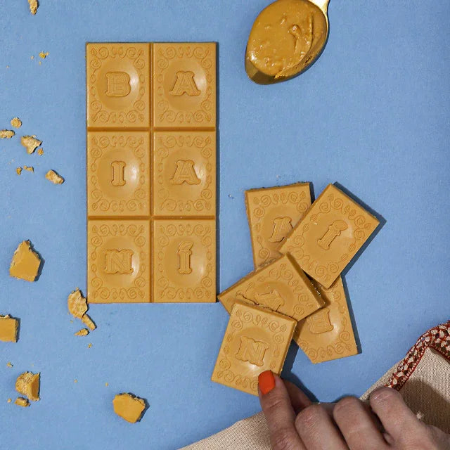 Baiani White Chocolate Double Caramel bar with banana embossed design