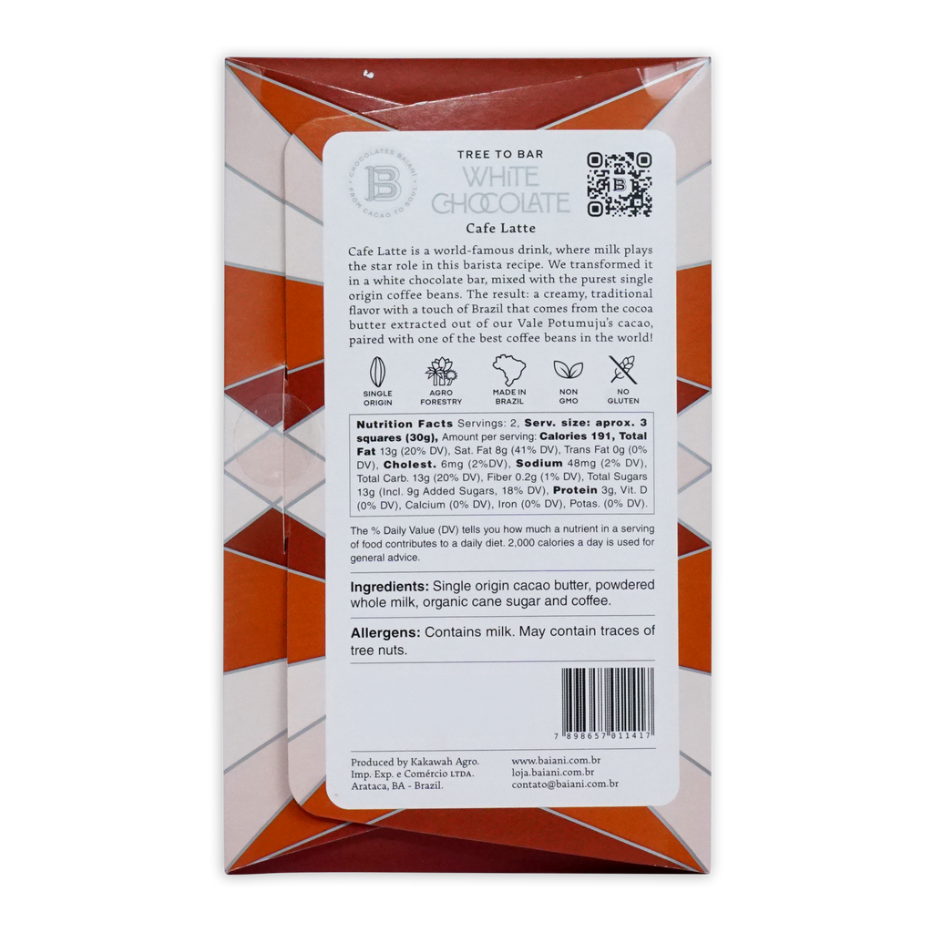 Baiani white latte coffee bar white chocolate bar in a geometrically patterned orange and white wrapper labeled tree to bar white chocolate cafe latte