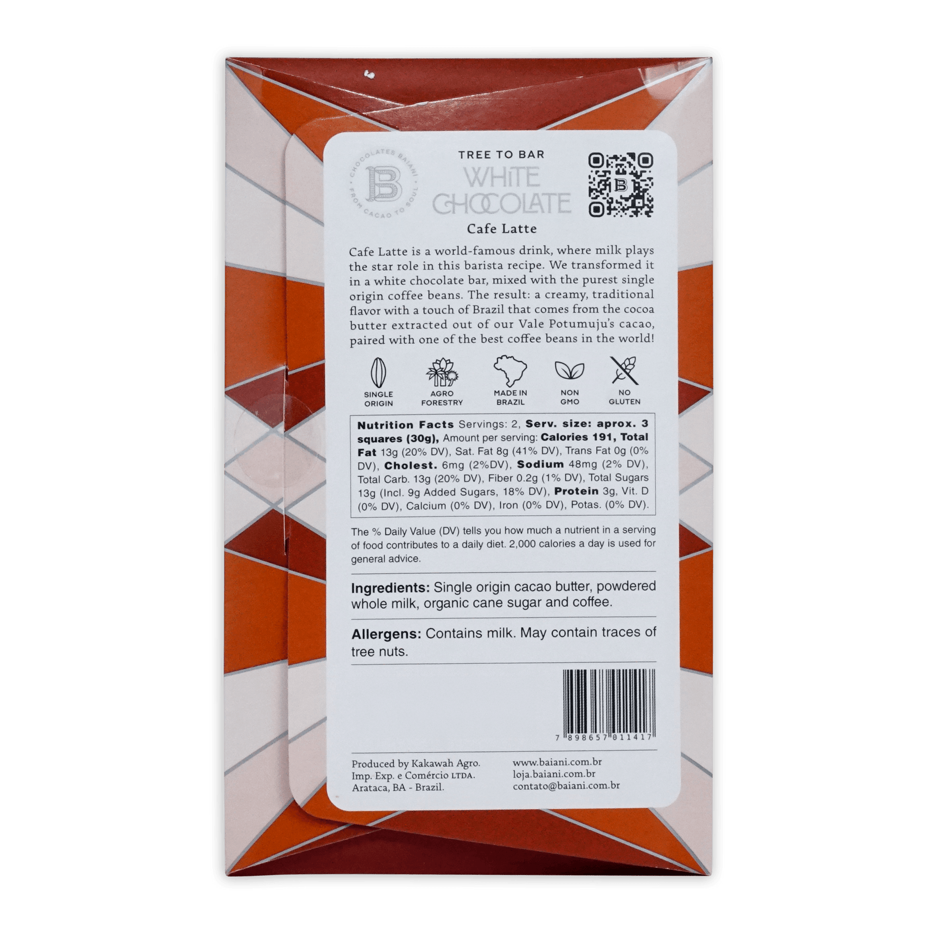 Baiani white latte coffee bar white chocolate bar in a geometrically patterned orange and white wrapper labeled tree to bar white chocolate cafe latte