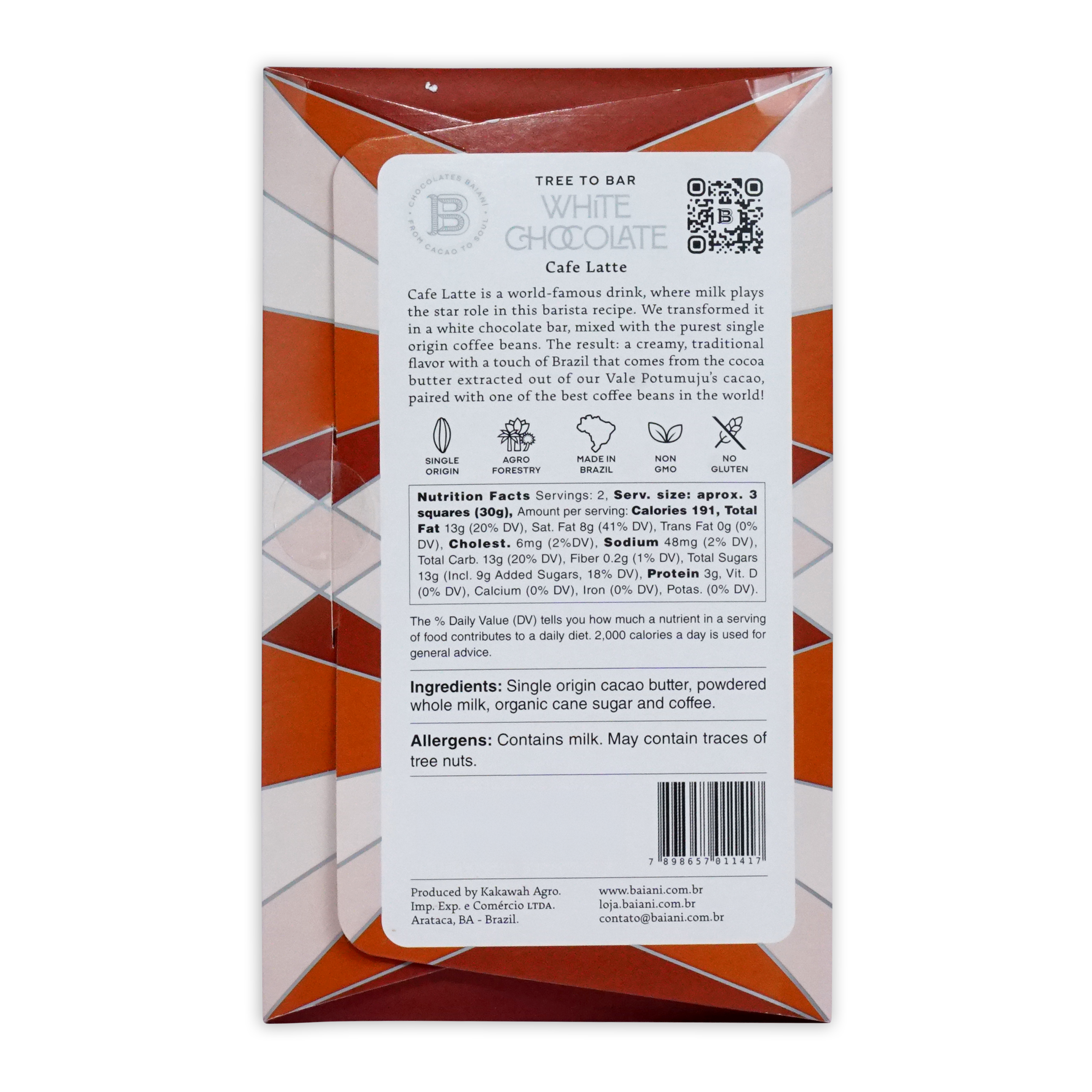 Baiani white latte coffee bar white chocolate bar in a geometrically patterned orange and white wrapper labeled tree to bar white chocolate cafe latte