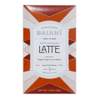 A baiani white latte coffee bar in a sleek orange and white geometric patterned box with white chocolate flavor