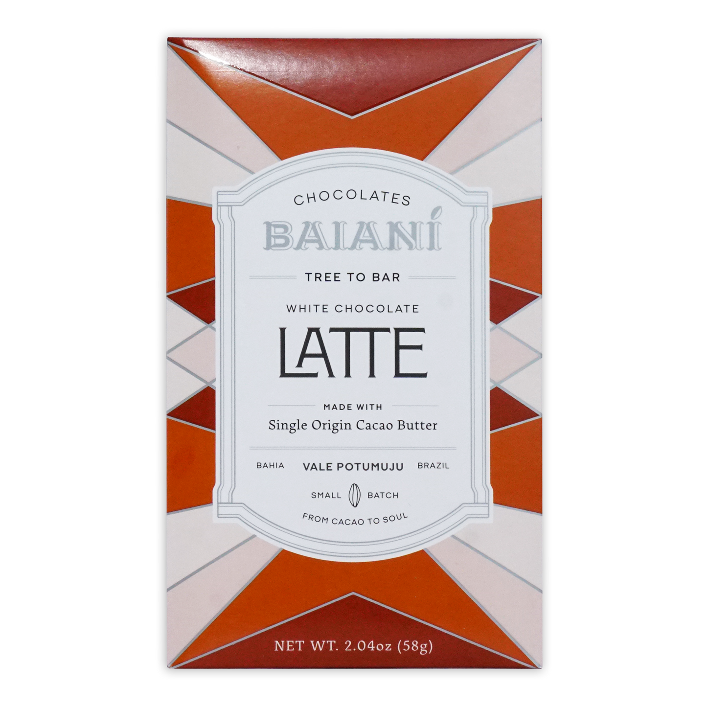 A baiani white latte coffee bar in a sleek orange and white geometric patterned box with white chocolate flavor