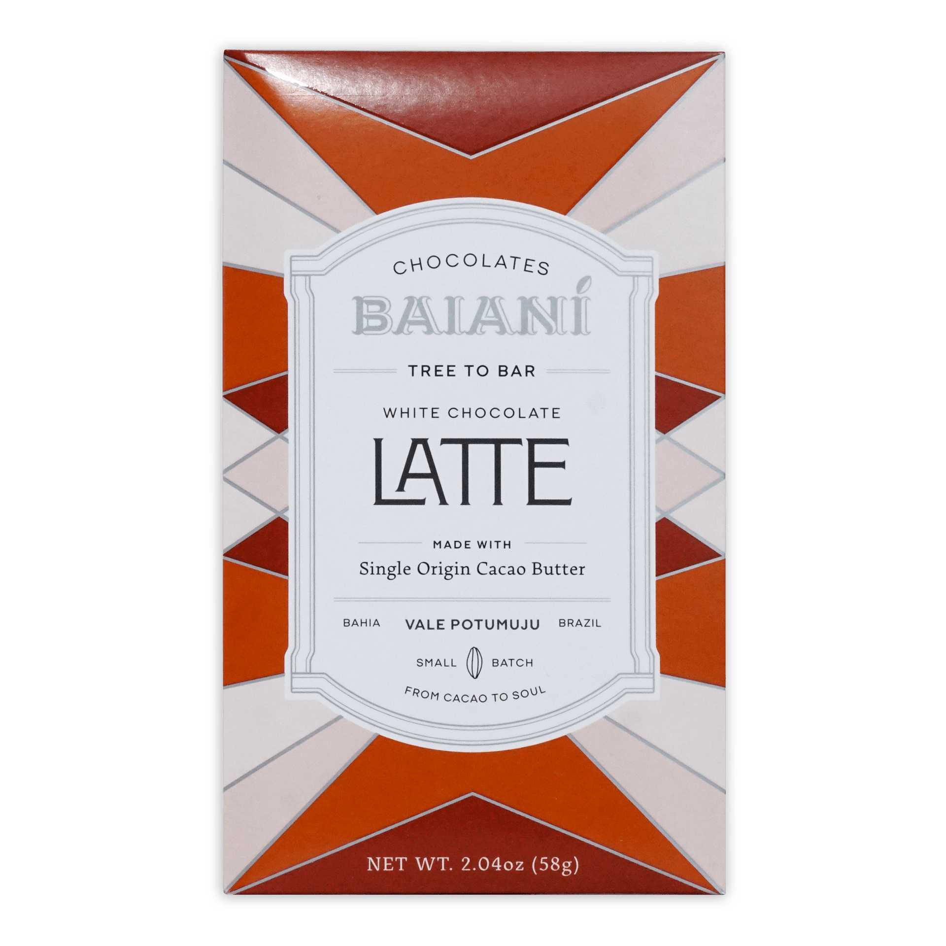A baiani white latte coffee bar in a sleek orange and white geometric patterned box with white chocolate flavor