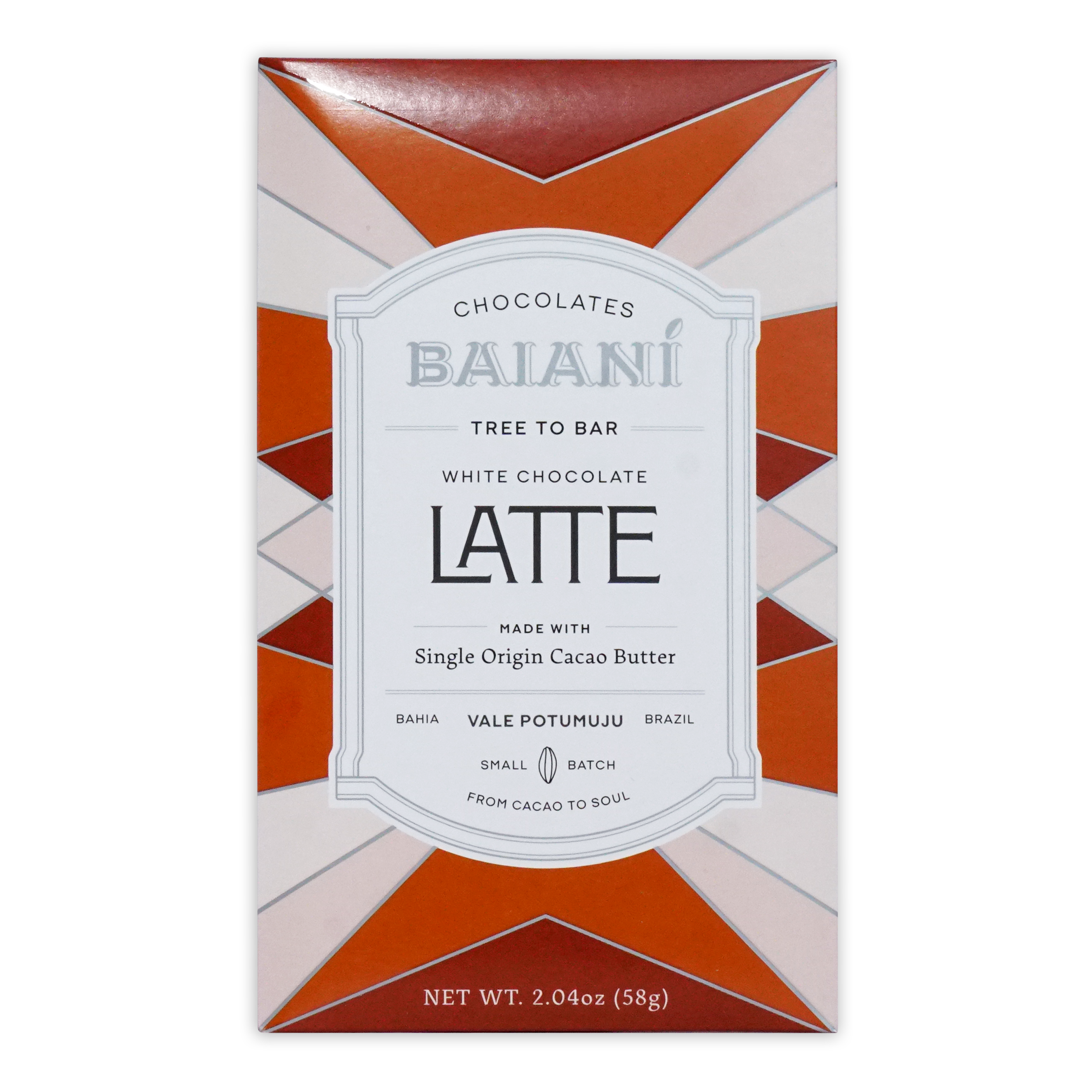 A baiani white latte coffee bar in a sleek orange and white geometric patterned box with white chocolate flavor