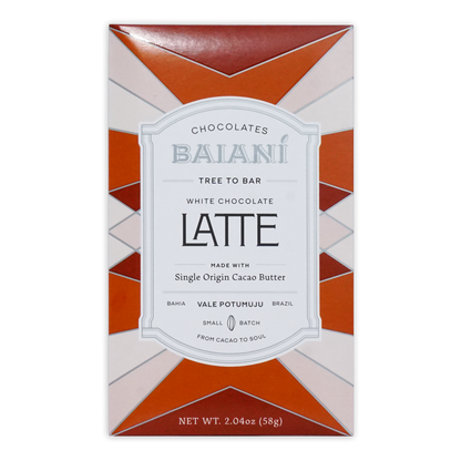 A baiani white latte coffee bar in a sleek orange and white geometric patterned box with white chocolate flavor