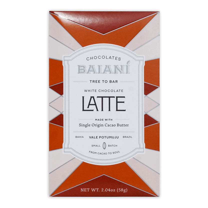 A baiani white latte coffee bar in a sleek orange and white geometric patterned box with white chocolate flavor