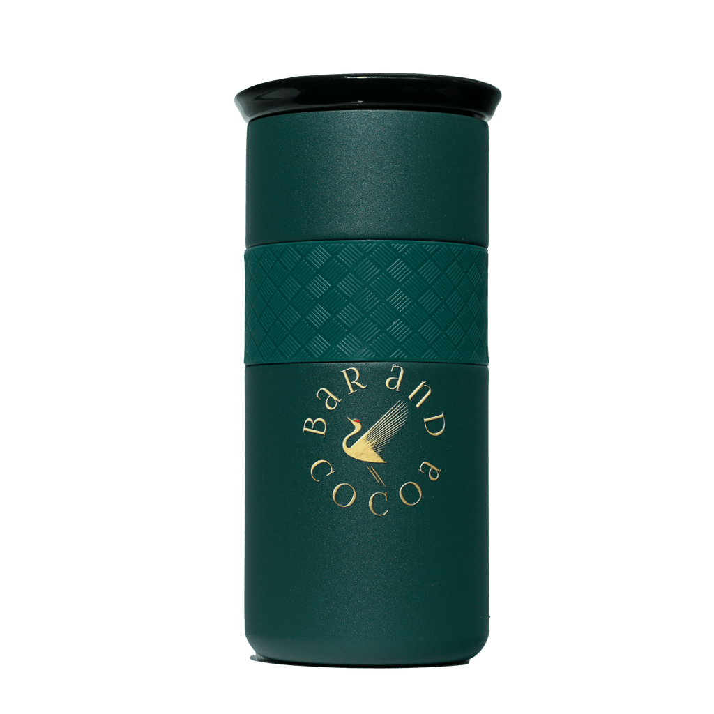 Bar & Cocoa 16 oz artisan mug: dark green insulated with black lid, gold swan logo