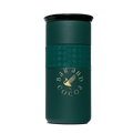 Bar & Cocoa 16 oz artisan mug: dark green insulated with black lid, gold swan logo