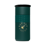 Bar & Cocoa 16 oz artisan mug: dark green insulated with black lid, gold swan logo