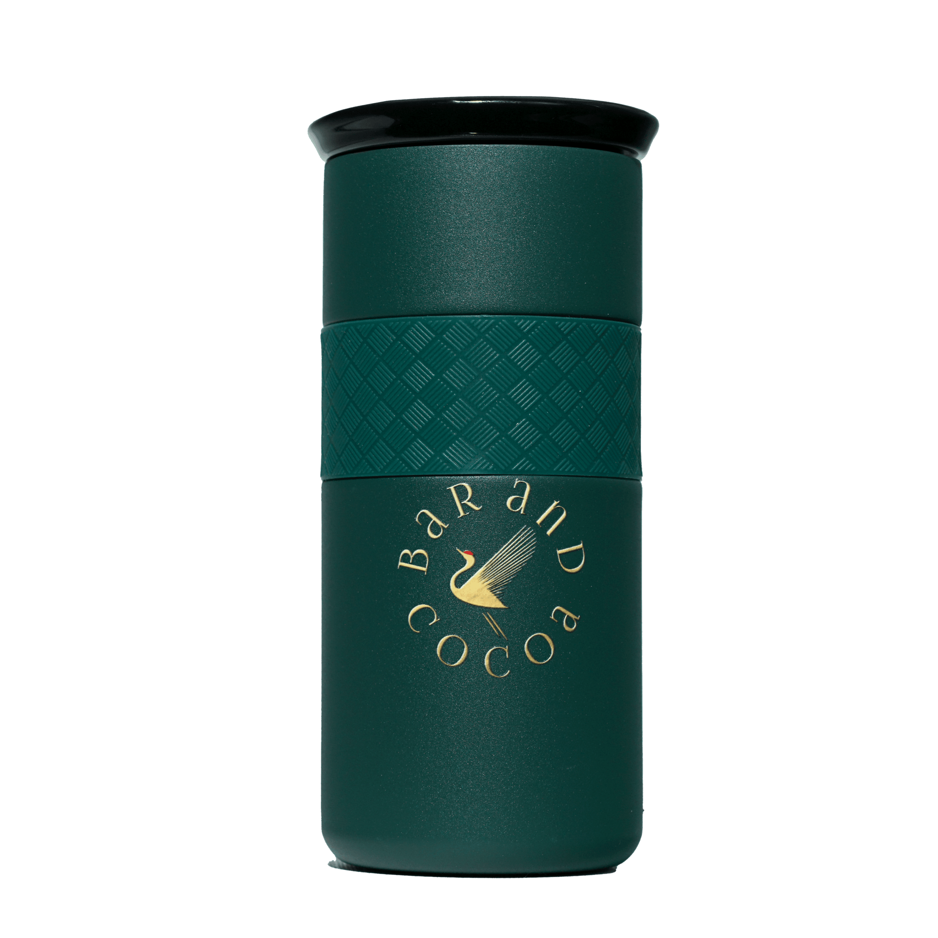 Bar & Cocoa 16 oz artisan mug: dark green insulated with black lid, gold swan logo