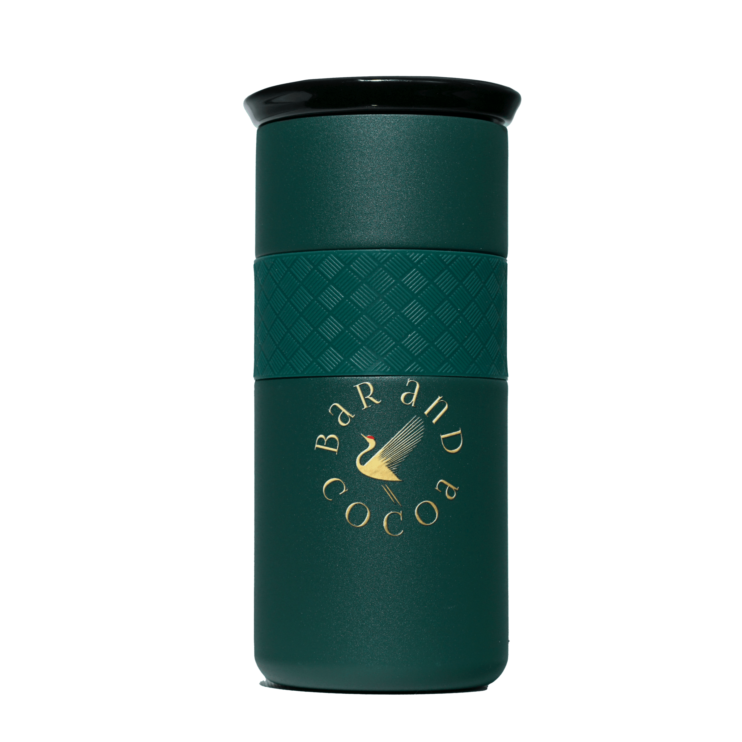 Bar & Cocoa 16 oz artisan mug: dark green insulated with black lid, gold swan logo