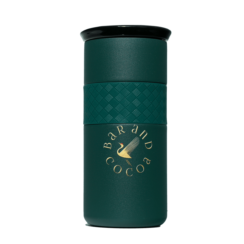 Bar & Cocoa 16 oz artisan mug: dark green insulated with black lid, gold swan logo