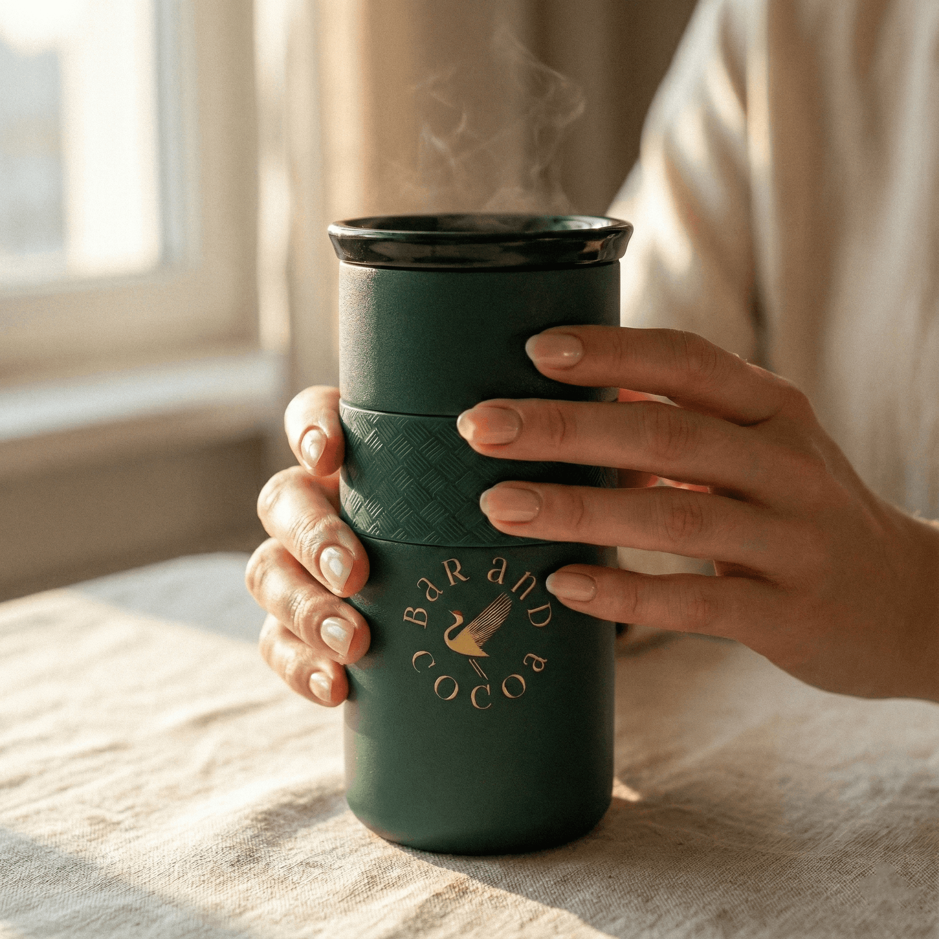 Bar & Cocoa 16 oz artisan mug in deep green with gold bird logo