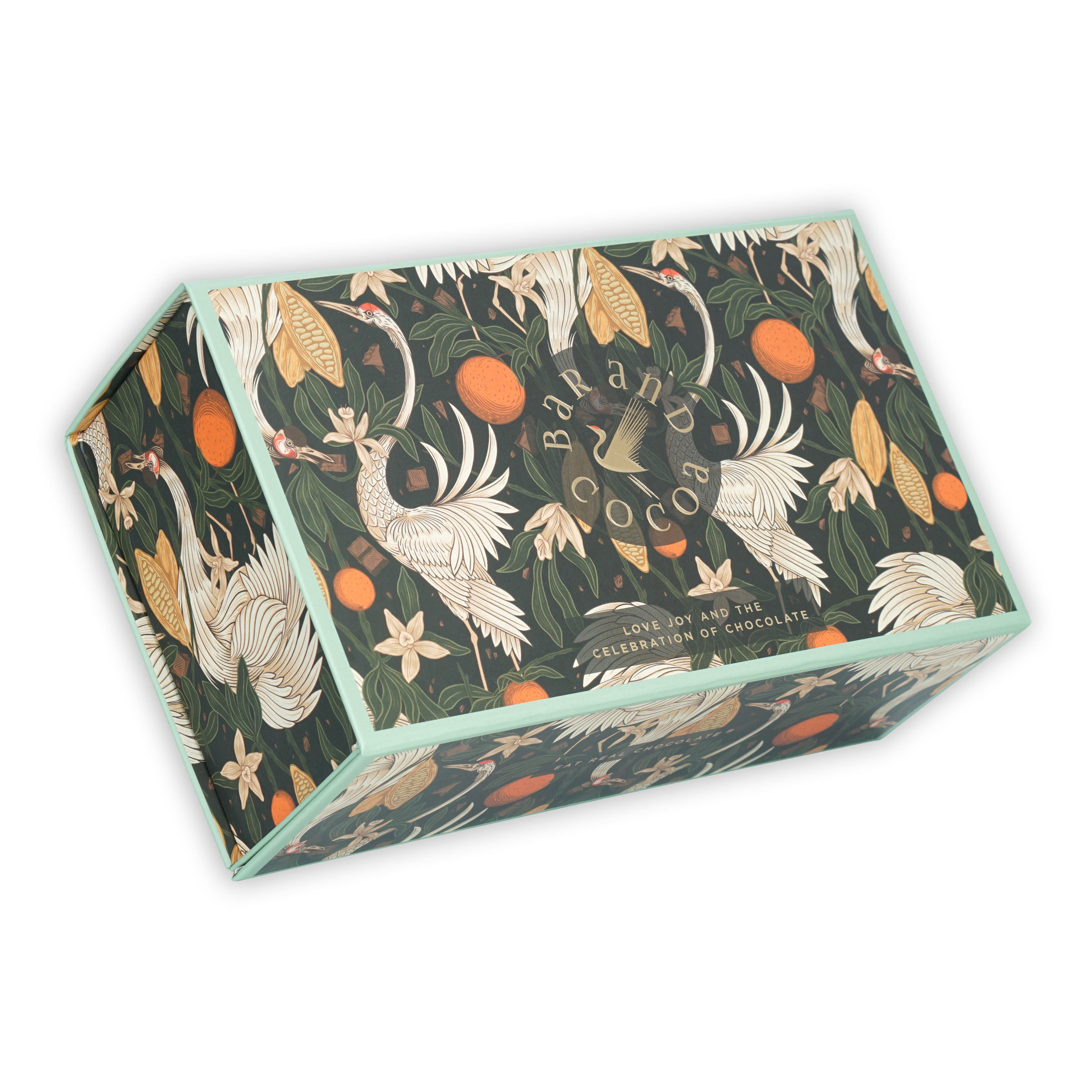 Bar & Cocoa rectangular chocolate gift box with cranes, cocoa pods, floral patterns on dark green background