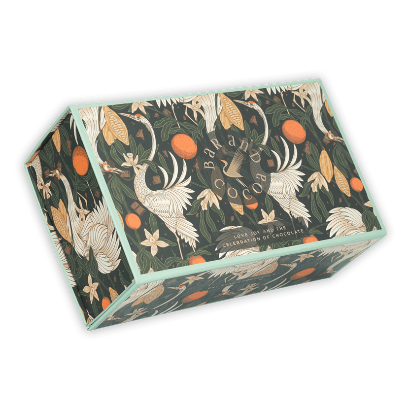 Bar & Cocoa rectangular chocolate gift box with cranes, cocoa pods, floral patterns on dark green background