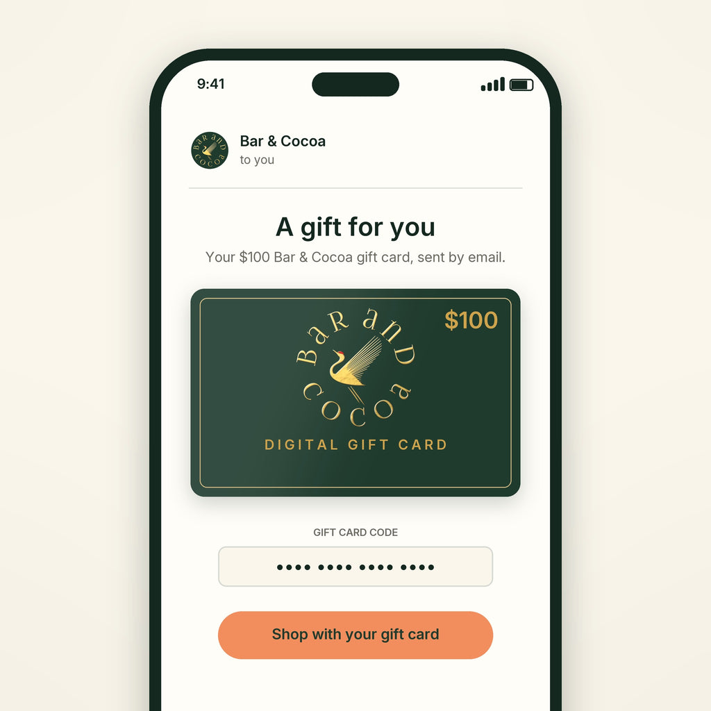 $100 Bar & Cocoa digital gift card shown as an email on a phone screen