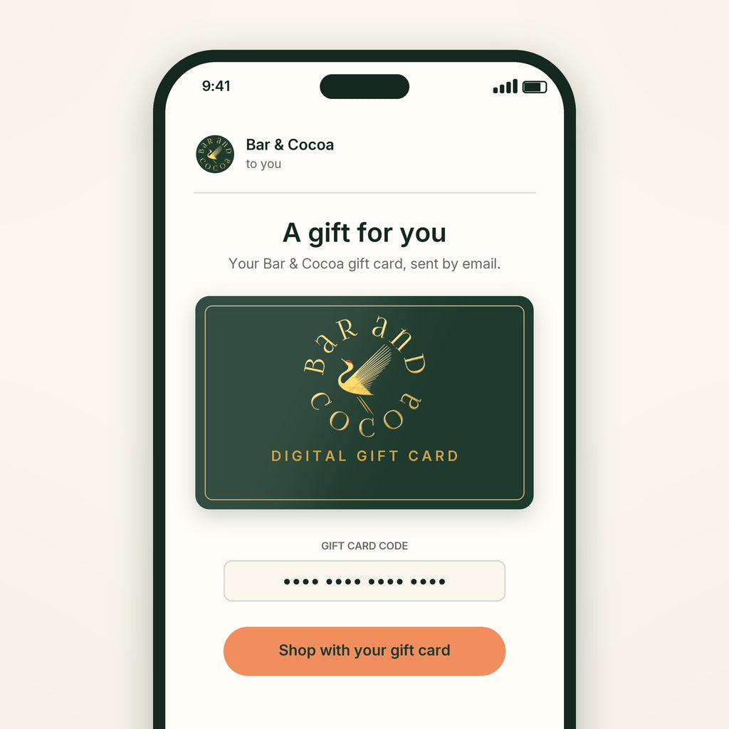Bar & Cocoa digital gift card shown as an email on a phone screen