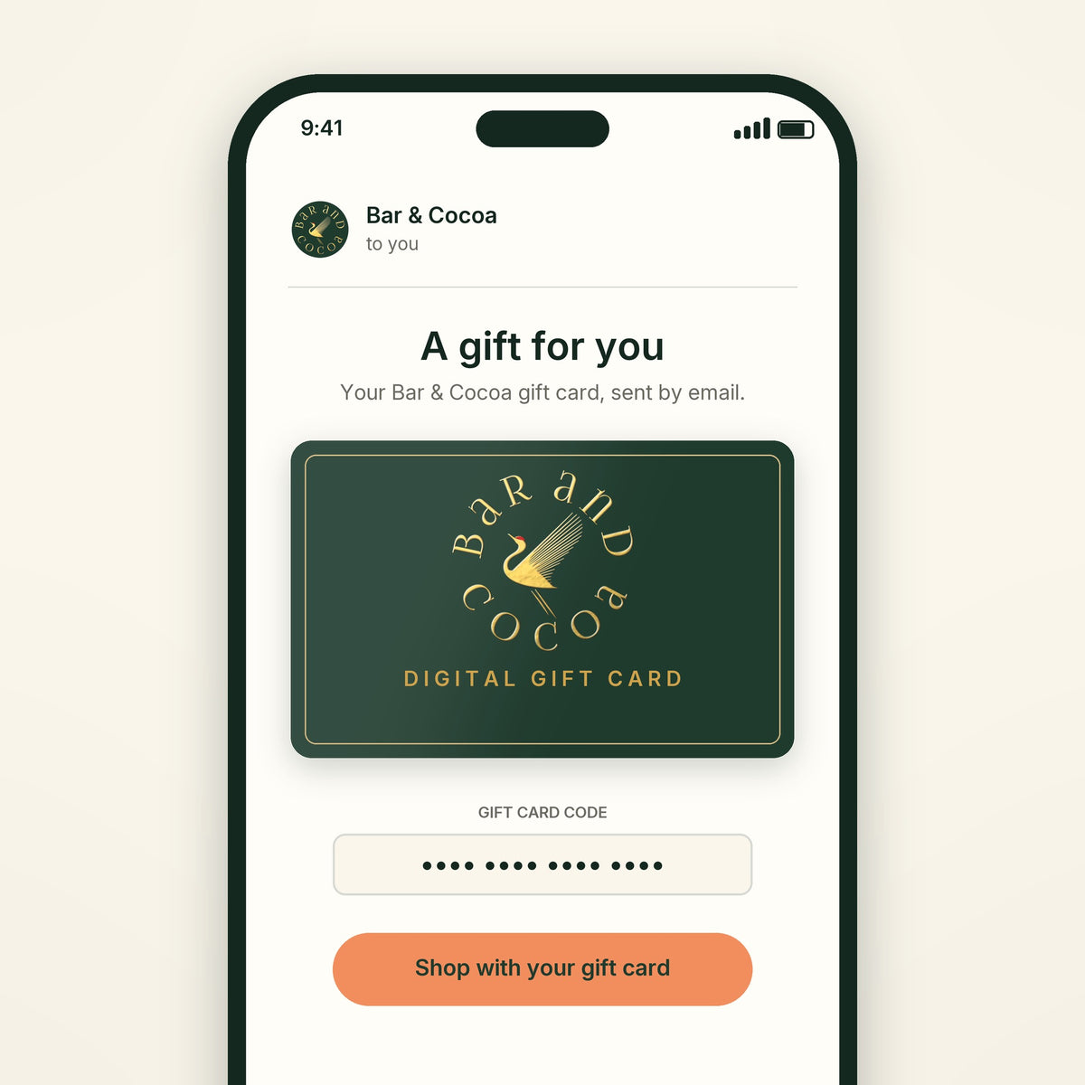 Bar & Cocoa digital gift card shown as an email on a phone screen