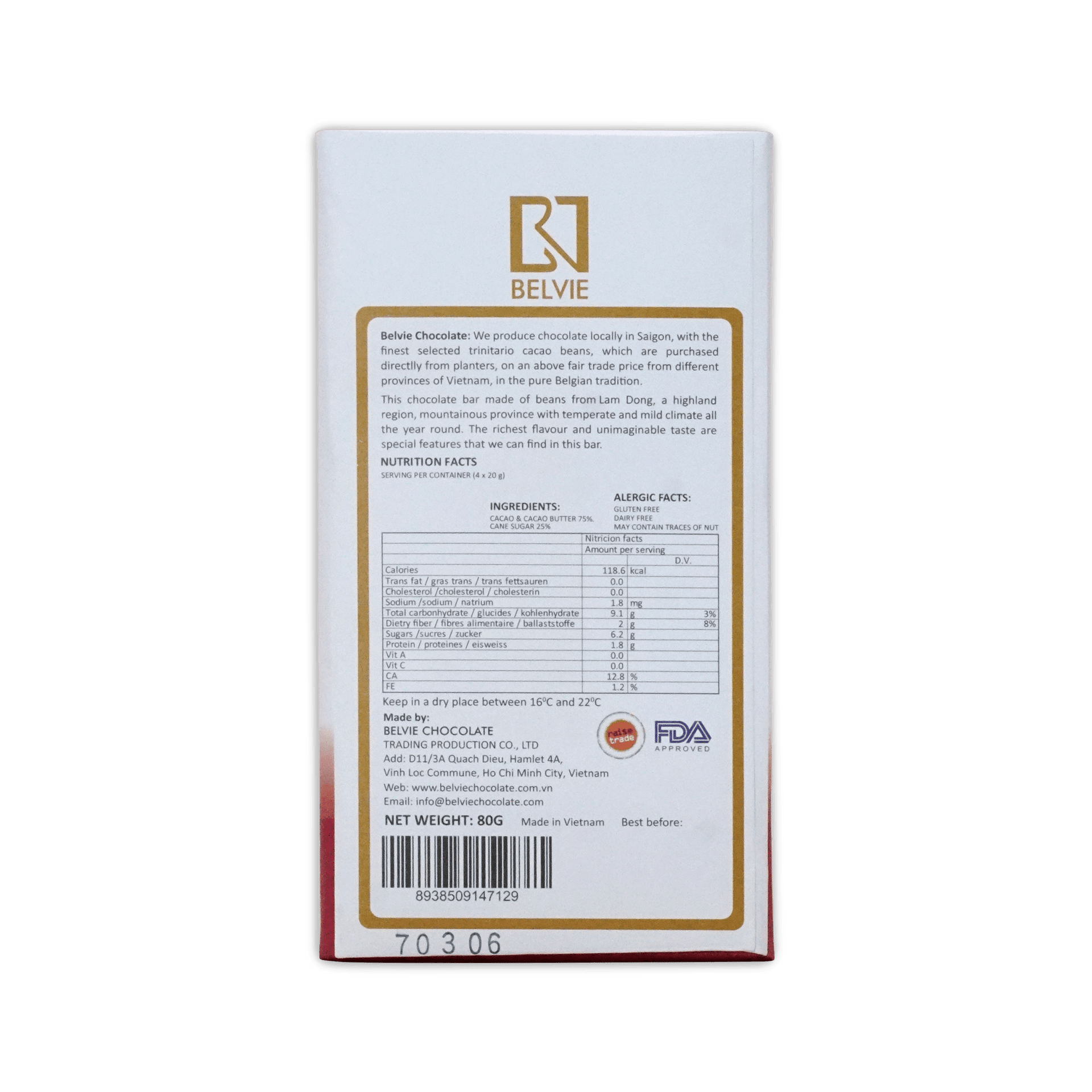Back of Belvie Ben Tre box, white with gold border, maker description, ingredients, nutrition table, 80g.