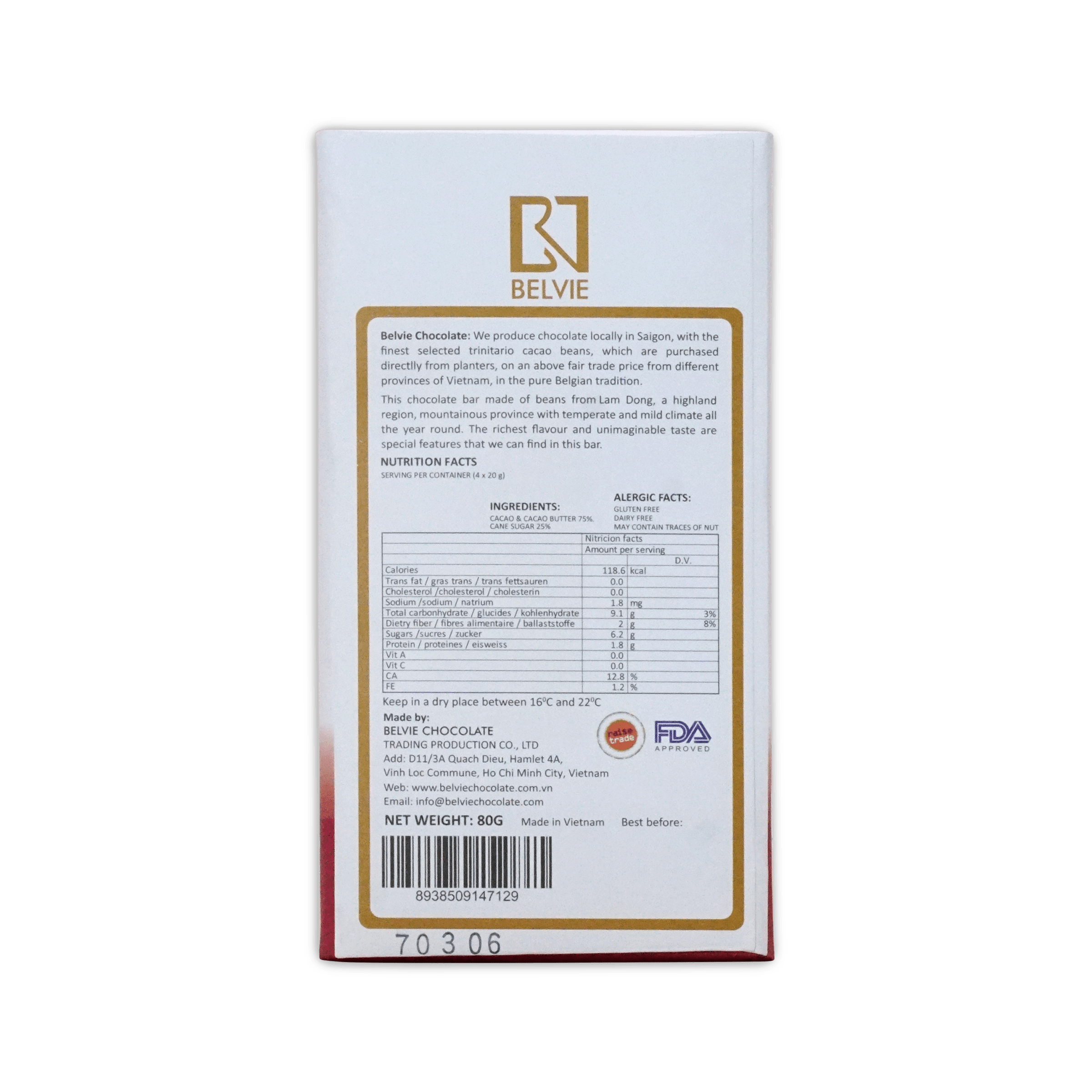 Back of Belvie Ben Tre box, white with gold border, maker description, ingredients, nutrition table, 80g.