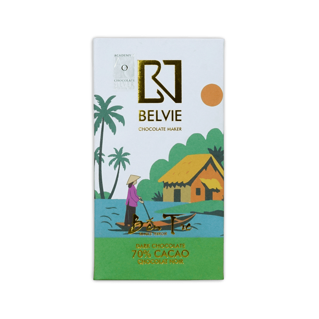 Belvie Ben Tre 70% Dark Chocolate bar in white and green box with a Vietnamese riverside scene and gold logo.