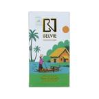 Belvie Ben Tre 70% Dark Chocolate bar in white and green box with a Vietnamese riverside scene and gold logo.