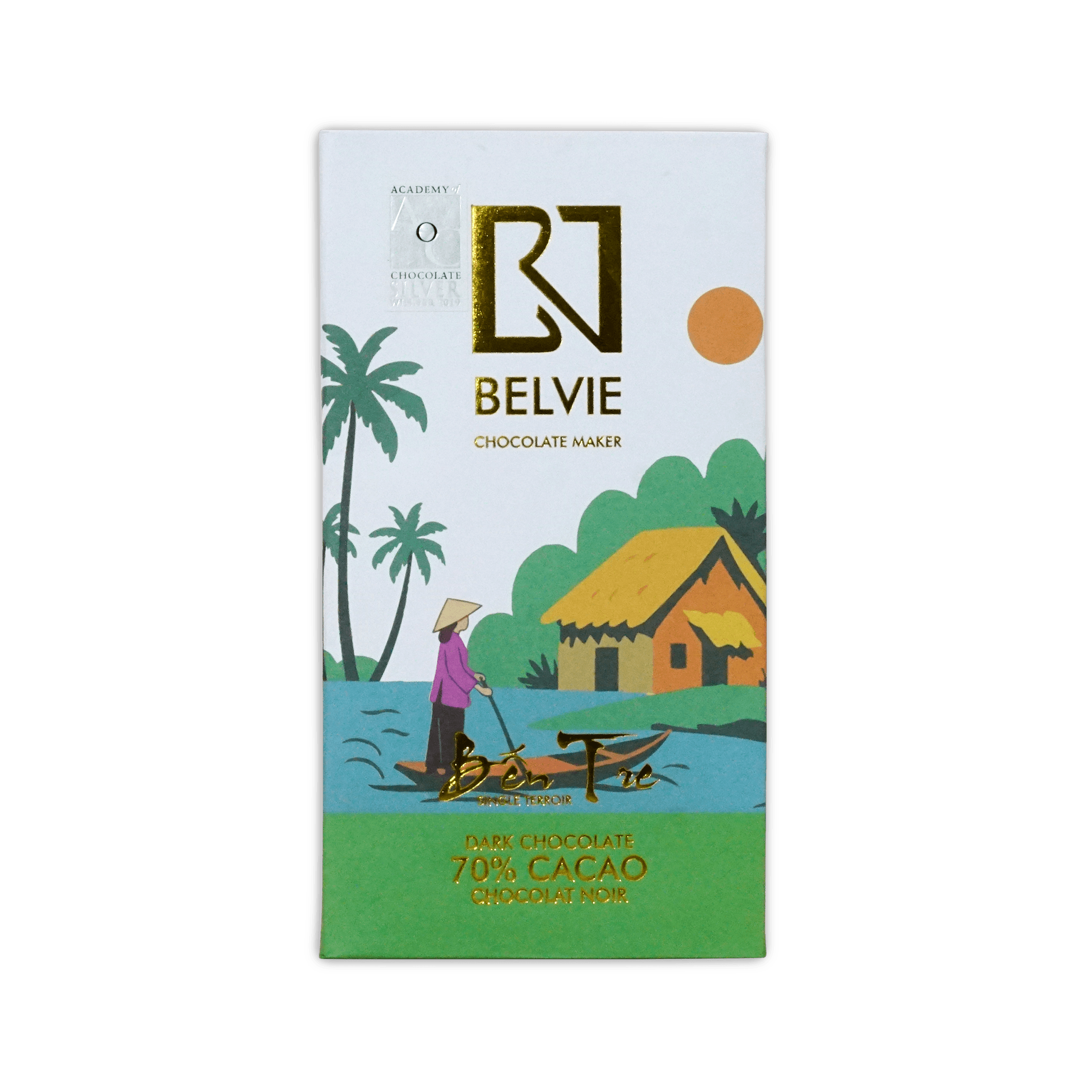 Belvie Ben Tre 70% Dark Chocolate bar in white and green box with a Vietnamese riverside scene and gold logo.