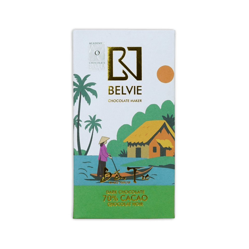 Belvie Ben Tre 70% Dark Chocolate bar in white and green box with a Vietnamese riverside scene and gold logo.