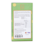 Back of a light green Belvie Chocolate wrapper with yellow citrus graphics, printed nutrition facts, and a barcode.