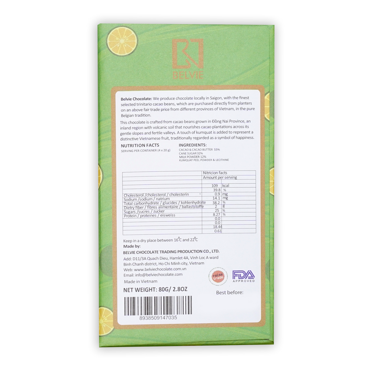 Back of a light green Belvie Chocolate wrapper with yellow citrus graphics, printed nutrition facts, and a barcode.