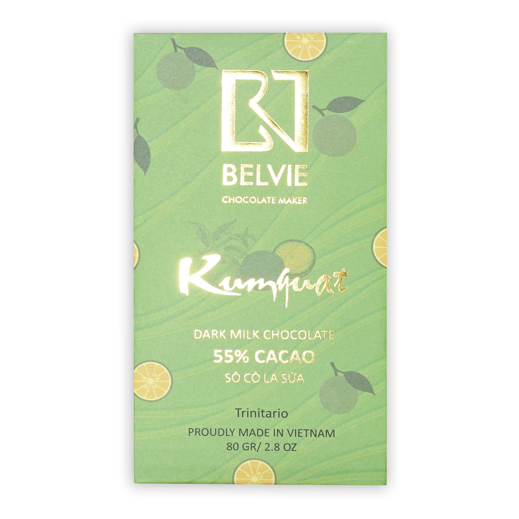 Light green Belvie Chocolate box with kumquat illustrations. Gold text reads Kumquat Dark Milk Chocolate 55% Cacao.