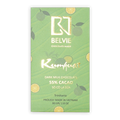 Light green Belvie Chocolate box with kumquat illustrations. Gold text reads Kumquat Dark Milk Chocolate 55% Cacao.