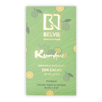 Light green Belvie Chocolate box with kumquat illustrations. Gold text reads Kumquat Dark Milk Chocolate 55% Cacao.
