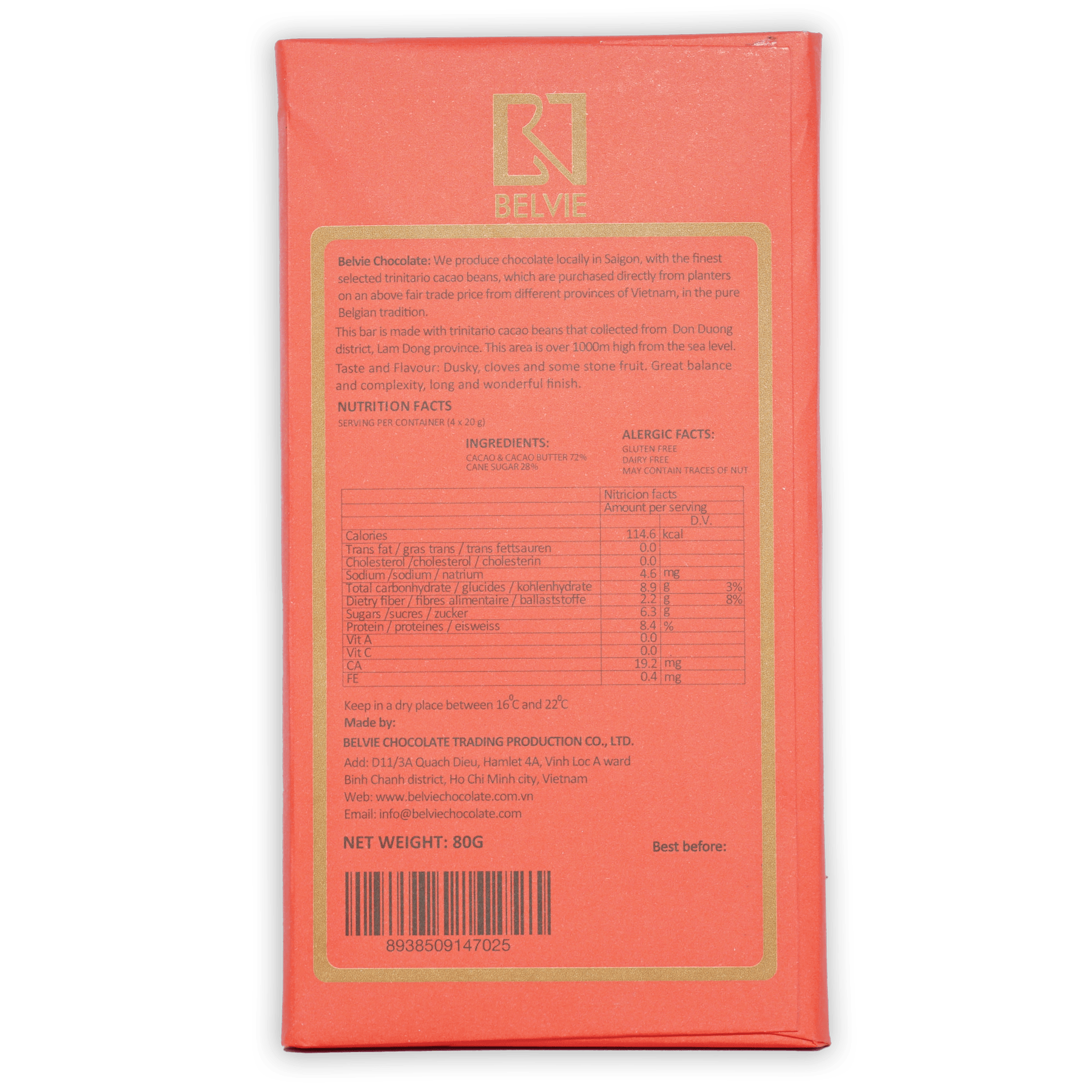 Belvie Don Duong 72% coral chocolate bar wrapper with gold logo