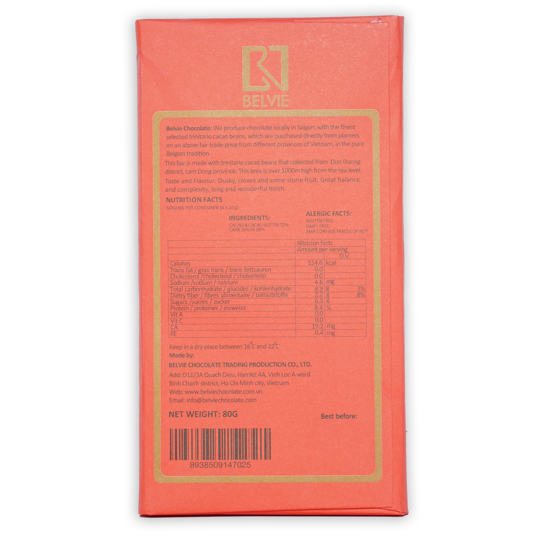 Belvie Don Duong 72% coral chocolate bar wrapper with gold logo