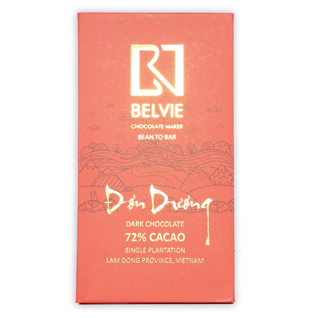 Belvie Don Duong 72% coral-red chocolate bar wrapper with gold lettering