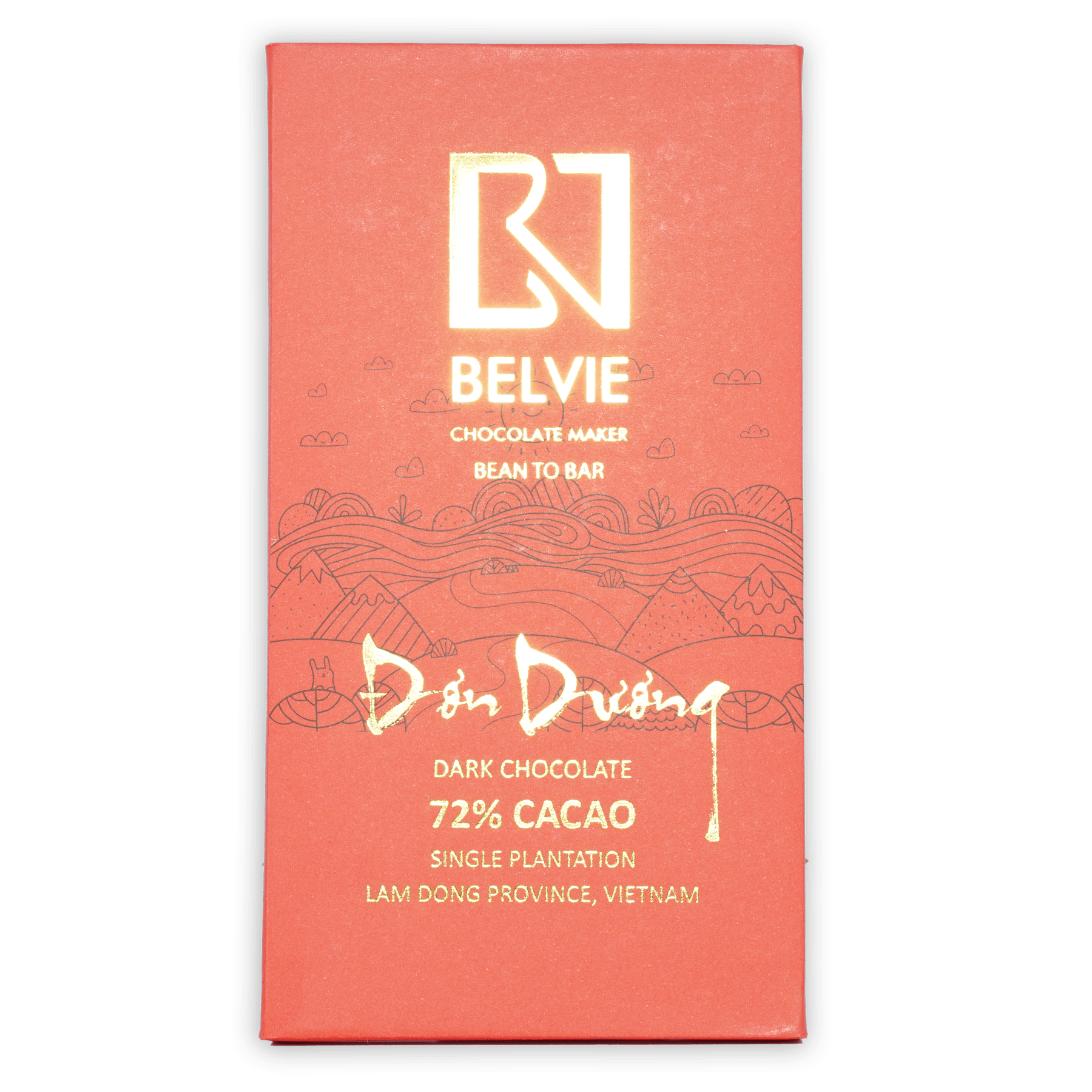 Belvie Don Duong 72% coral-red chocolate bar wrapper with gold lettering