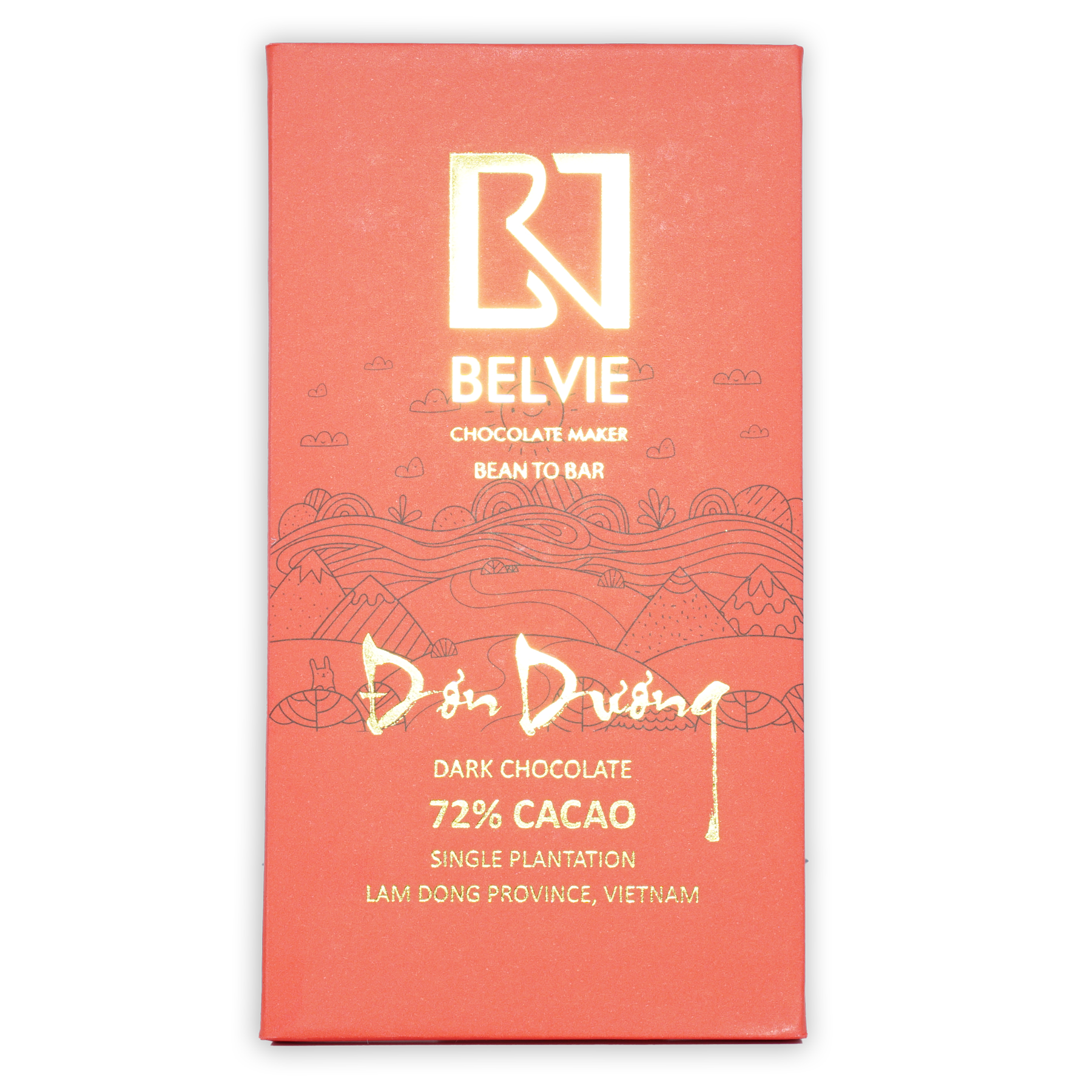 Belvie Don Duong 72% coral-red chocolate bar wrapper with gold lettering