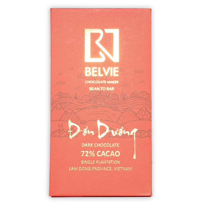 Belvie Don Duong 72% coral-red chocolate bar wrapper with gold lettering
