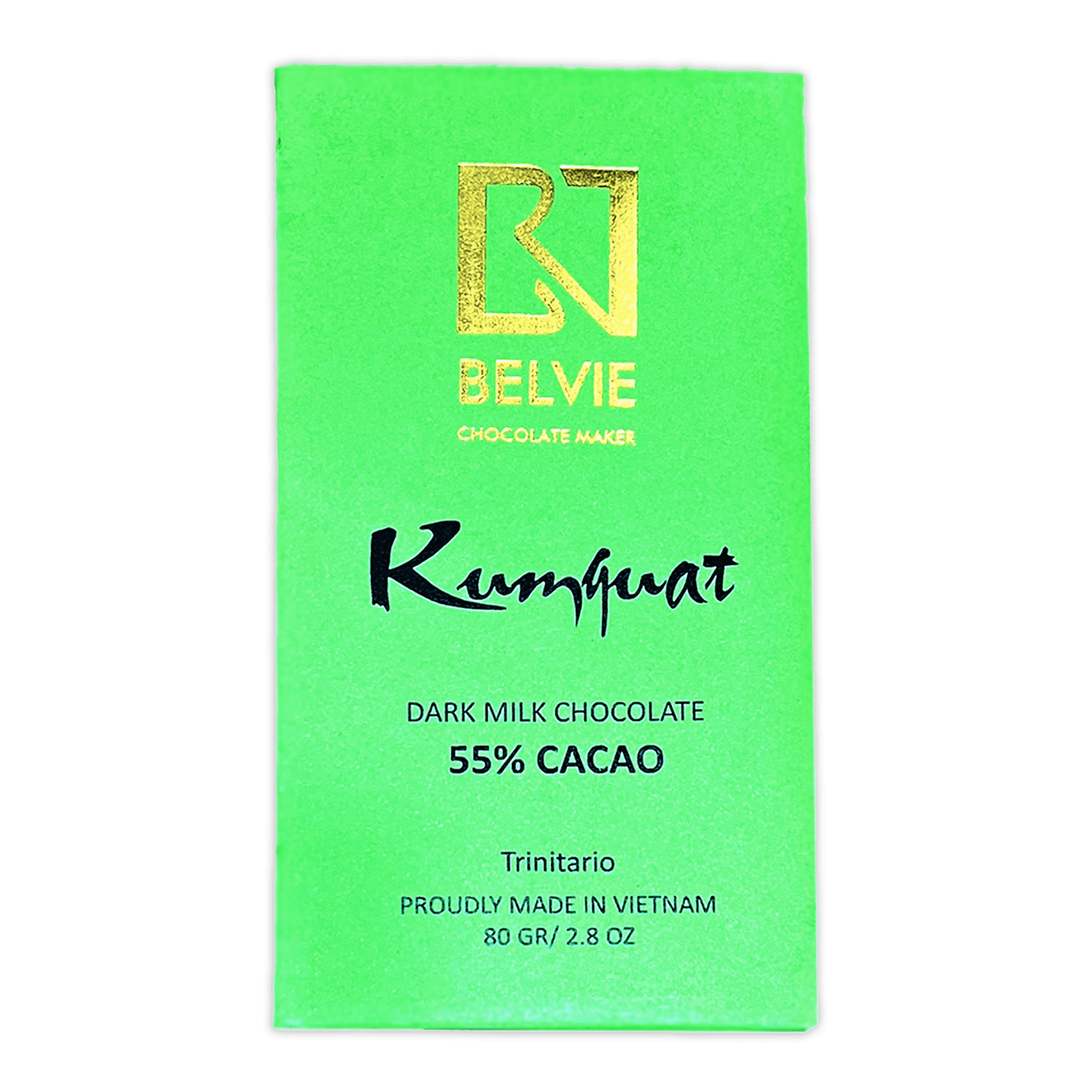 Belvie Dark Milk with Kumquat 55% cacao chocolate bar wrapper