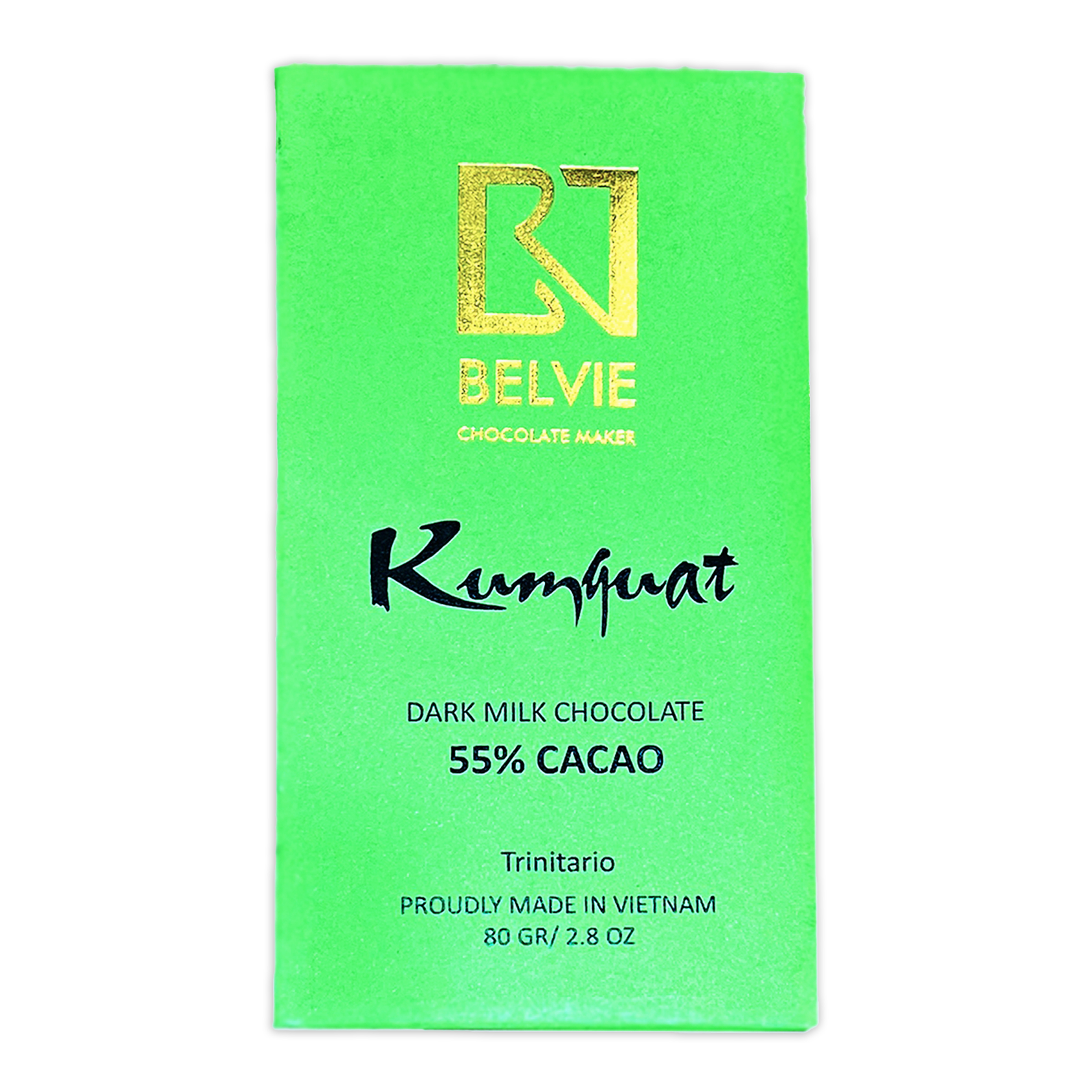 Belvie Dark Milk with Kumquat 55% cacao chocolate bar wrapper