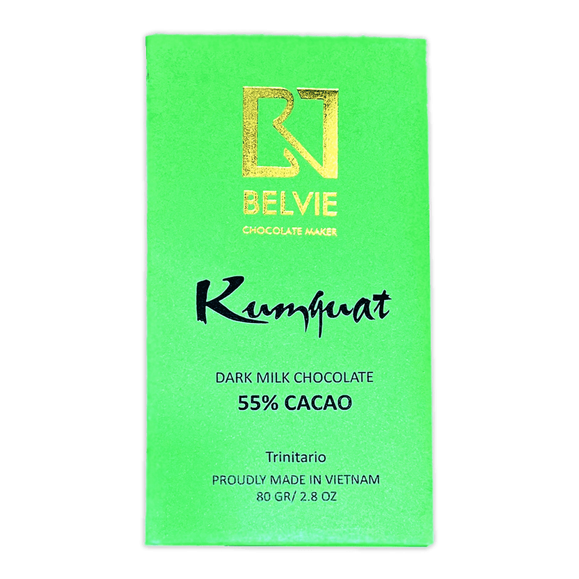 Belvie Dark Milk with Kumquat 55% cacao chocolate bar wrapper