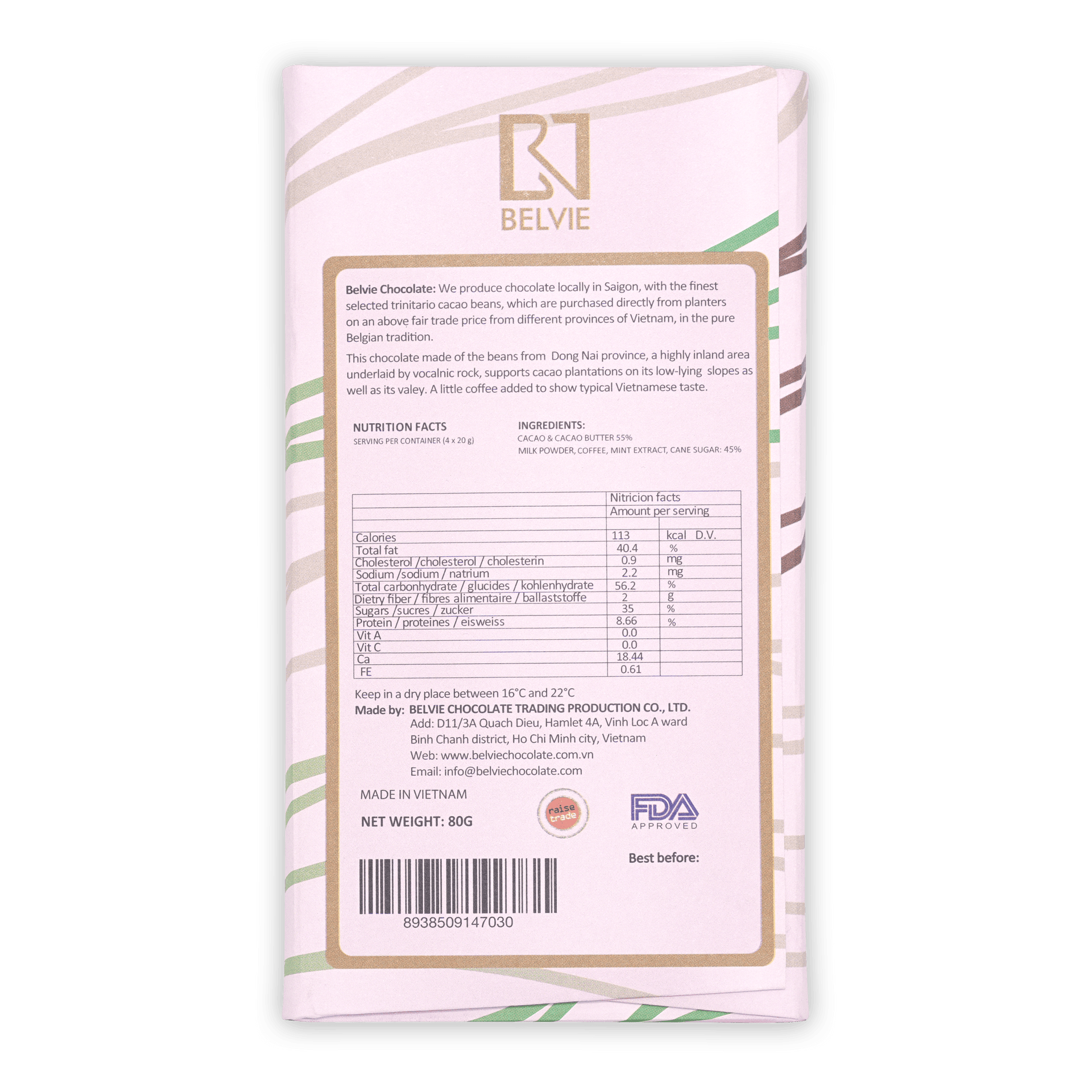 Belvie Dark Milk w/ Coffee Mint & Nibs 55% bar in white wrapper with green beige stripes